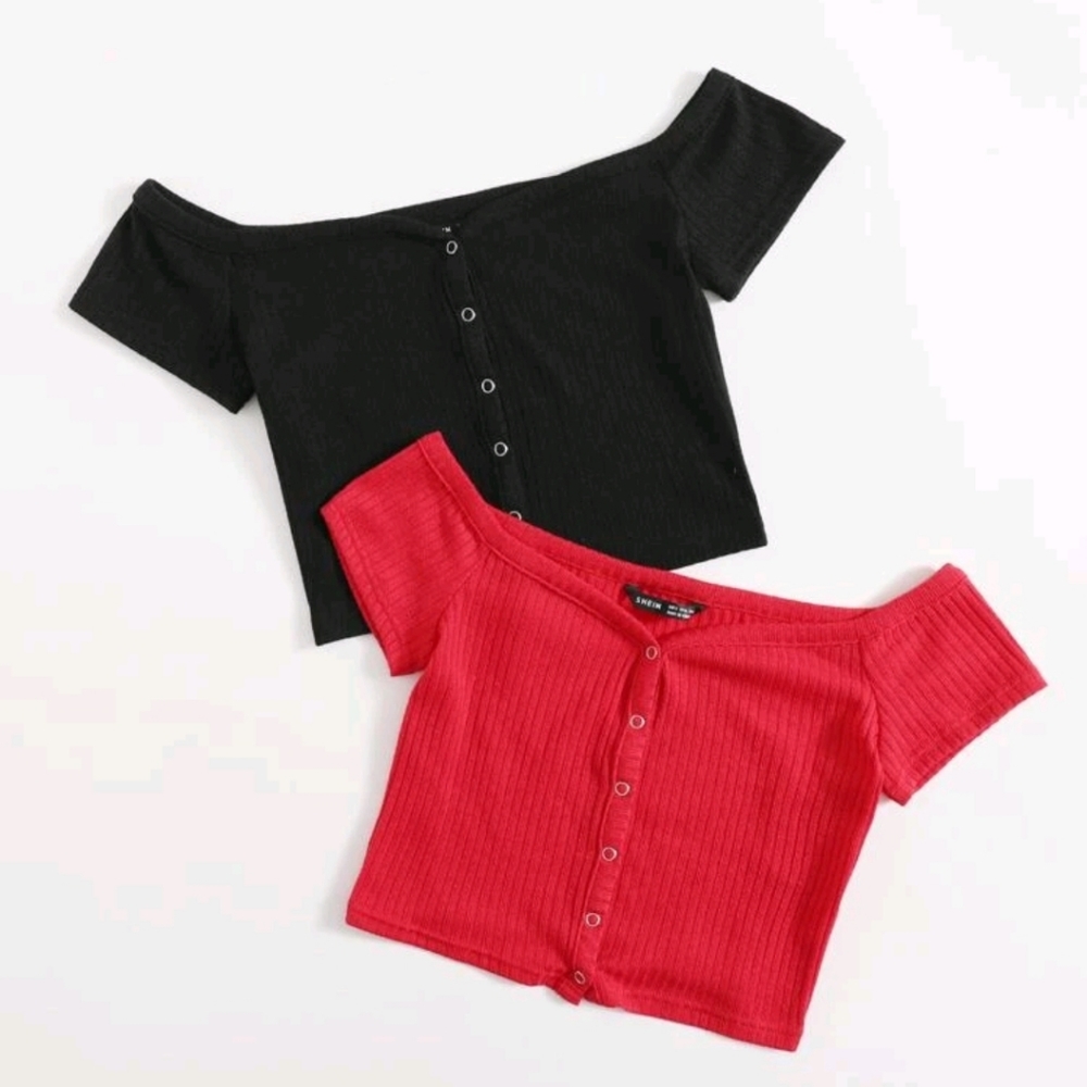 2 Pack Off Shoulder Buttoned Front Top